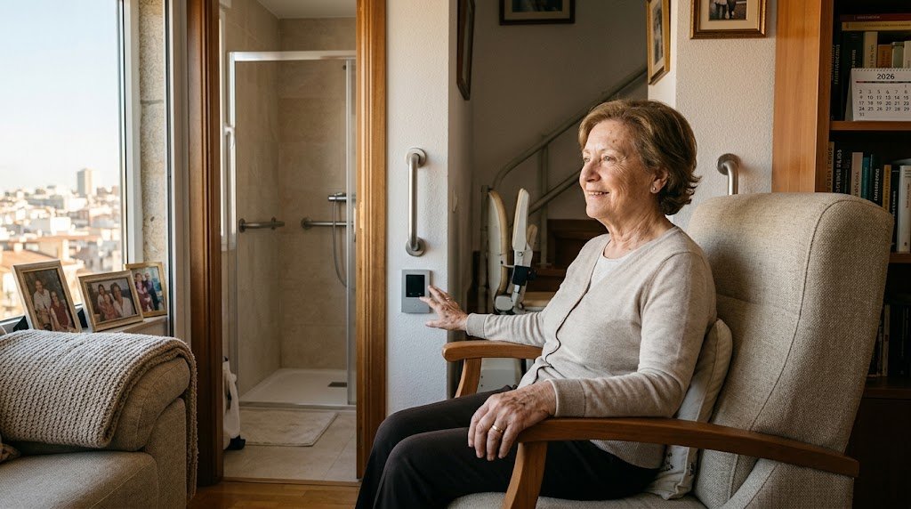 Persona mayor en su vivienda adaptada con ayudas de accesibilidad