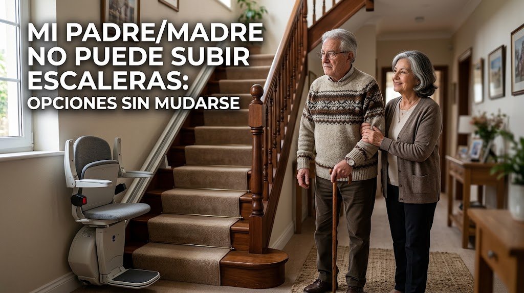 Padre o madre mayor subiendo escaleras con dificultad en casa
